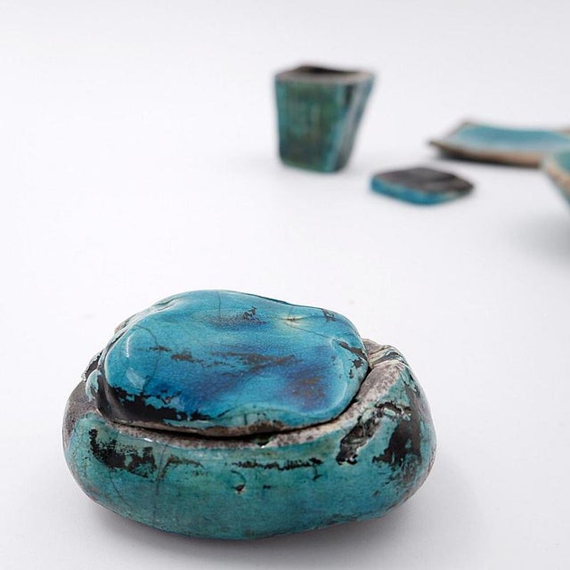 Turquoise Ceramics by N. Lebrun for Fond d'Atelier, Belgium 1970s, Set of 6 For Sale - Image 6 of 15