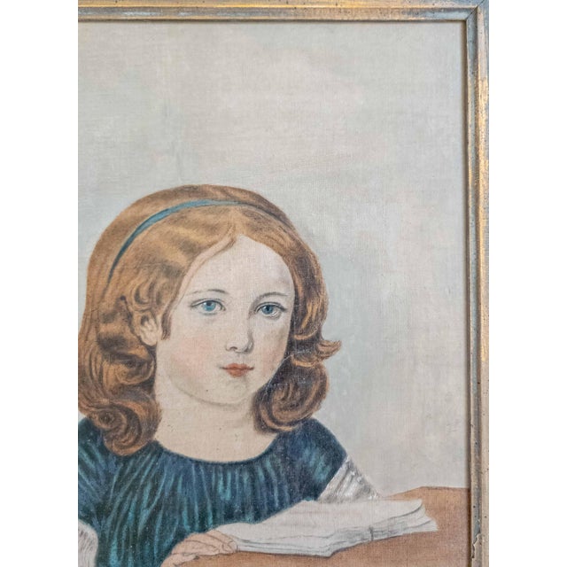 Gray 19th Century American Folk Art Portrait Painting of a Girl With a Book, Boston For Sale - Image 8 of 16
