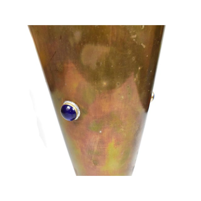 Mid-Century Modern Mid 20th Century Pedestal Solid Brass Vase with Inlaid Blue Stones Dotes For Sale - Image 3 of 8