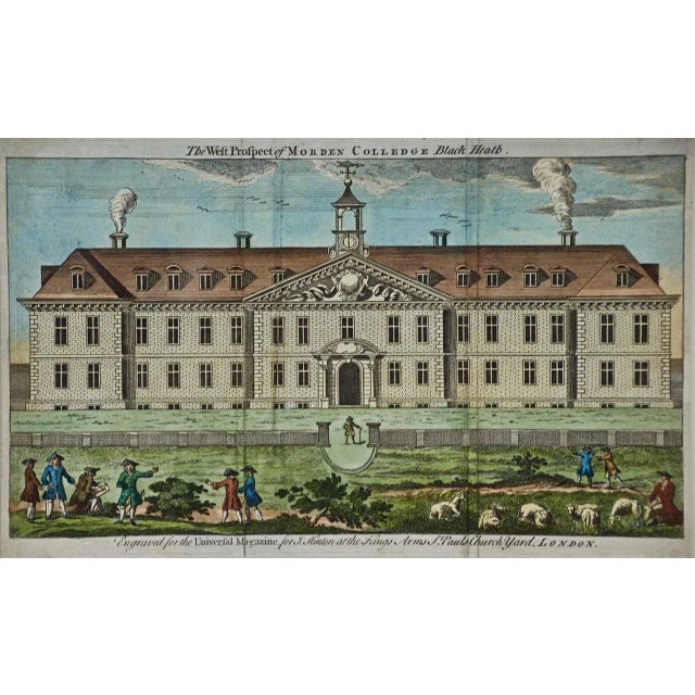 This beautiful hand-colored copper-plate engraving entitled "The West Prospect of Mordon Colledge (Old English Spelling)...