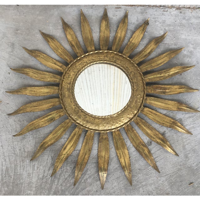 Mid-Century Modern Gilt Iron Layered Leafed Flower Shaped Sunburst Mirror For Sale - Image 4 of 13
