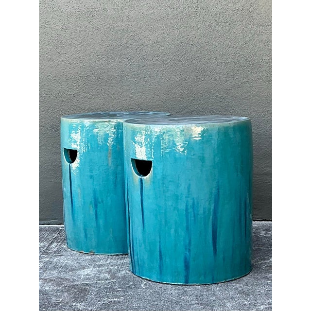 Vintage Drip Glazed Ceramic Garden Stools - A Pair For Sale - Image 11 of 12