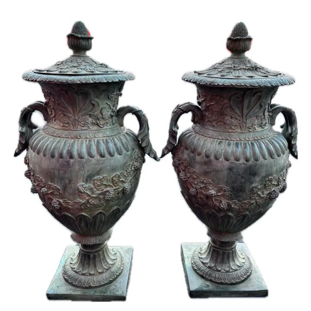 American 51”h Spectacular Miami Beach Vintage Urn With Lid Classic Cast Bronze Verdigris Patinated - A Pair For Sale - Image 3 of 12