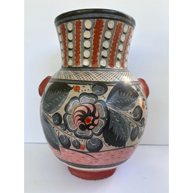 Mexican Vintage Mexican Folk Art Hand-Painted Pottery Vase With Rabbits & Handles For Sale - Image 3 of 12