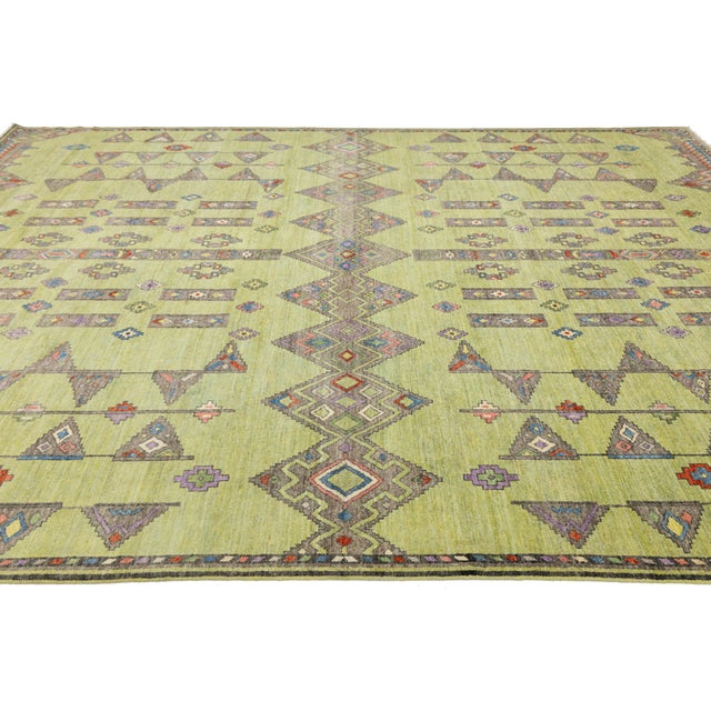 Green Modern Khotan Style Hand-Knotted Wool Rug - Green & Earth Tone Geometric Design For Sale - Image 8 of 11