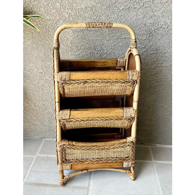 Mid 20th-Century Stylishly Functional Bamboo & Rattan 3-Tier Catchall "Basket" Media Storage Stand For Sale - Image 4 of 12