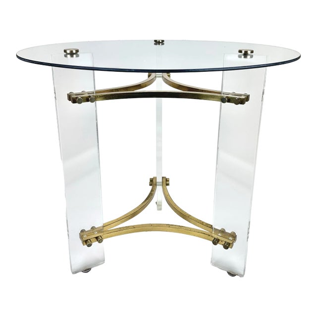 1970’s Modern Charles Hollis Jones Style Lucite Brass & Glass Round Side Table For Sale