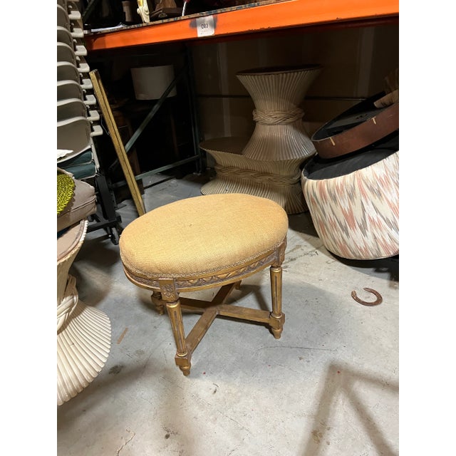 Mid-Century Modern 1970s Wooden Gold Painted Ottoman With Burlap Covered Cushion For Sale - Image 3 of 4