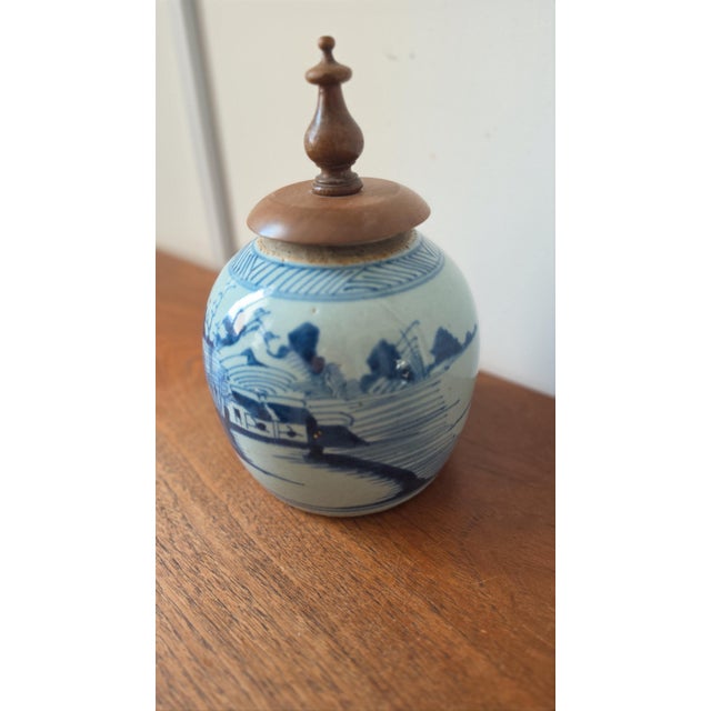 19th Century Qing Dynasty Ginger Jar Blue & White Chinese Porcelain Antique Tea Caddy Covered Jar Chinoiserie Decor For Sale - Image 4 of 11