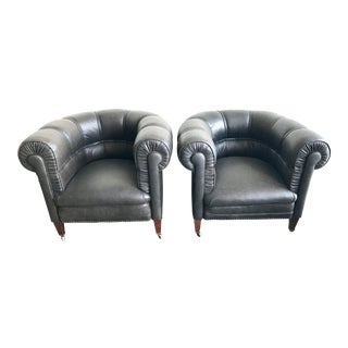 1920s Antique Black Leather Club Chairs- A Pair For Sale