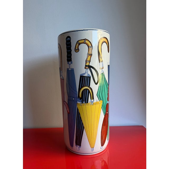 Postmodern Hand Painted Postmodern 80s Ceramic Umbrella Holder Fornasetti Style Graphic Art For Sale - Image 3 of 5