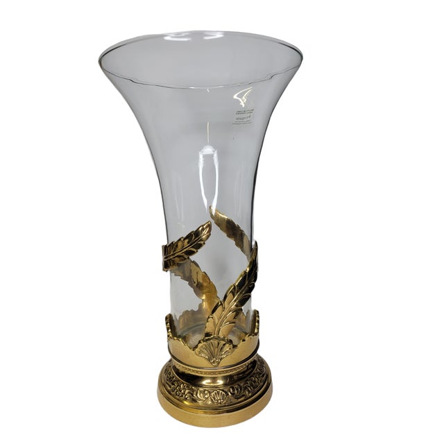 Vintage Art Nouveau Hand Blown Glass Vase With Ornate Brass Base