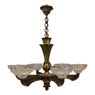 French Art Deco Six-Light Bronze & Frosted Glass Chandelier, 1930s For Sale