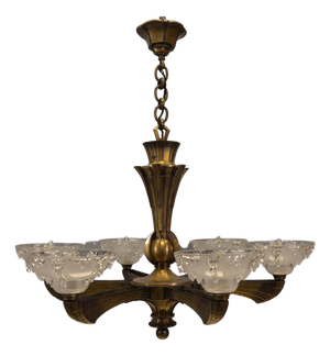 French Art Deco Six-Light Bronze & Frosted Glass Chandelier, 1930s
