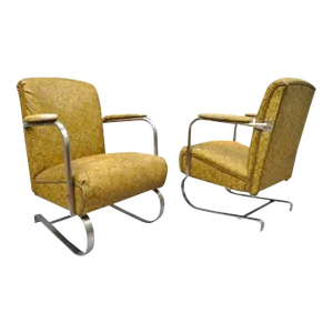 Early 20th Century Art Deco Lloyd Kem Weber Style Chrome Steel Springer Lounge Chairs - a Pair