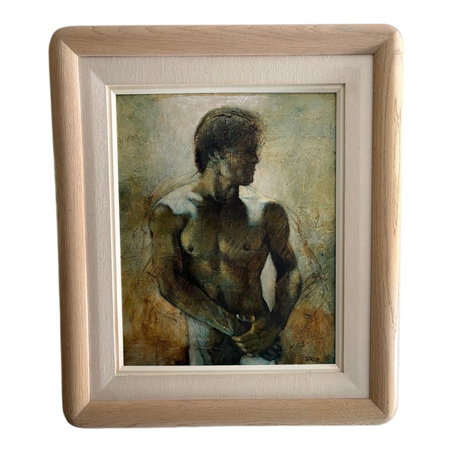 Vintage Signed Textured Male Figure Portrait Painting, Framed For Sale