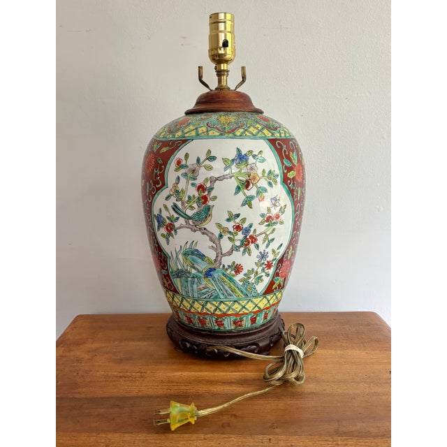 Mid 20th Century Vintage Asian Handpainted Lamp For Sale - Image 5 of 8
