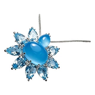 Late 20th Century 14K White Gold Blue Chalcedony Aquamarine Pendant Slide Brooch Pin For Sale