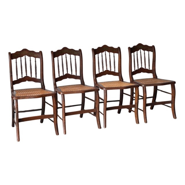 Antique Set of 4 Turned-Spindle Cane Seat Dining Chairs For Sale