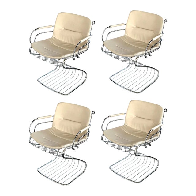 1970s Set of Four Gastone Rinaldi for Rima Tubular Chrome Cantilever Arm Chairs For Sale