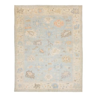12x15 Modern Oushak Hand-Knotted Wool Area Rug – Soft Blue & Muted Earth Tones For Sale