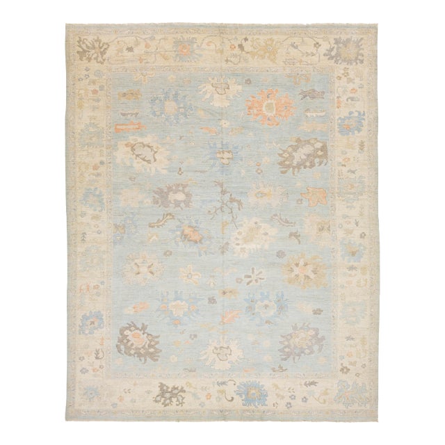 12x15 Modern Oushak Hand-Knotted Wool Area Rug – Soft Blue & Muted Earth Tones For Sale
