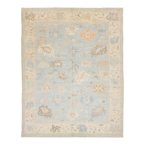 12x15 Modern Oushak Hand-Knotted Wool Area Rug – Soft Blue & Muted Earth Tones