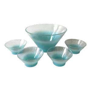 Mid Century Blendo Ombré Turquoise Glass Serving Bowl With 4 Small Side Bowls