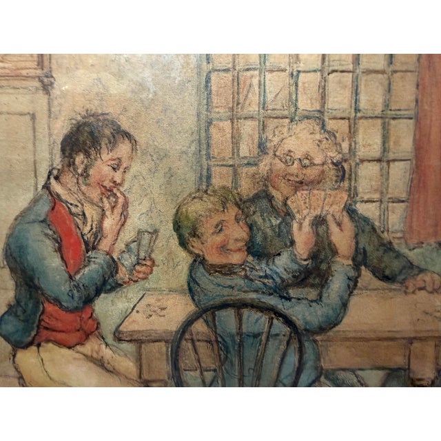 Antique 19th Century Original Men Playing Cards at Table Watercolor Painting For Sale - Image 10 of 13