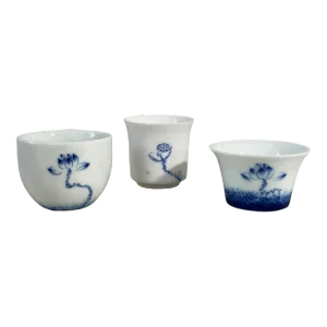 Chinoiserie Blue and White Tea Cups W/Lotus Flower - Set of 3