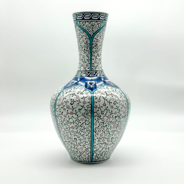 Ceramic Handmade Ceramic Lidded Vase (30cm) Traditional Ottoman “Golden Horn” (Haliç) Style with Turquoise Bands – Decorative Art Object For Sale - Image 7 of 9