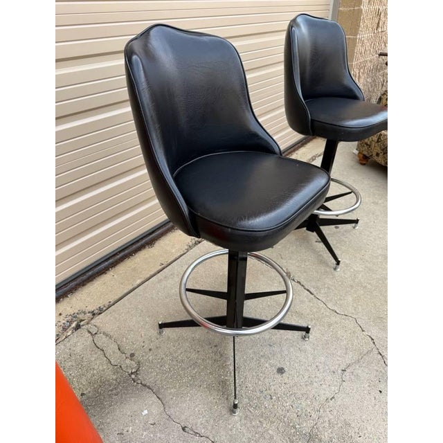 Pair of Mid Century Atomic Style Swivel Black Vinyl & Metal Bar Stools by Modern Stool Co. For Sale - Image 12 of 12