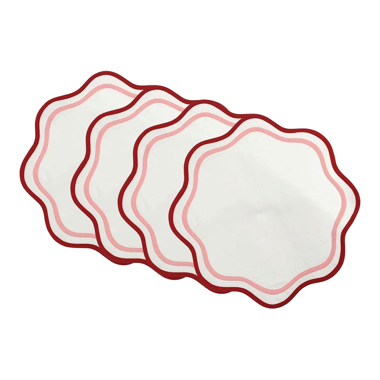 Handmade Round Scalloped Placemats with Double Piping, Red and Pink