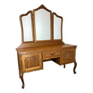 Vintage French Dressing Table with Mirror in Oak For Sale