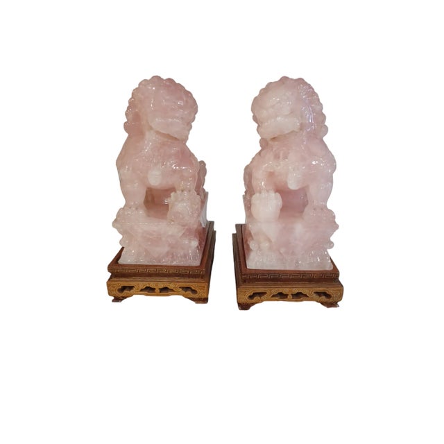 Asian Vintage Pair of Rose Quartz Foo Dogs on Wooden Stand For Sale - Image 3 of 5