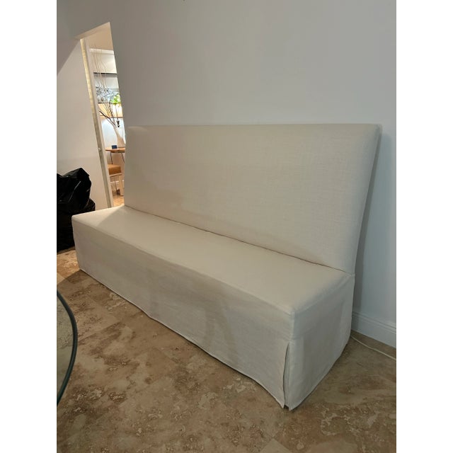 Linen Covered Bench With Blond Wood Frame 7 Feet Long For Sale - Image 10 of 10