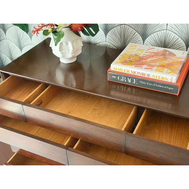 1960s Vintage 1960s Mid-Century Modern Walnut Wood and Woven Rattan Highboy Chest Cabinet by R-Way For Sale - Image 5 of 16