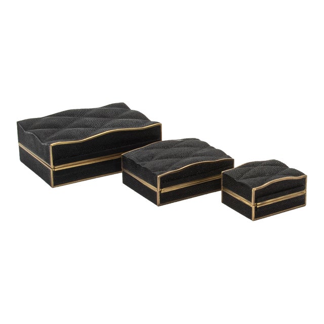 Set of 3 Quilted Boxes in Black Shagreen With Bronze Patina Brass by Kifu Paris For Sale