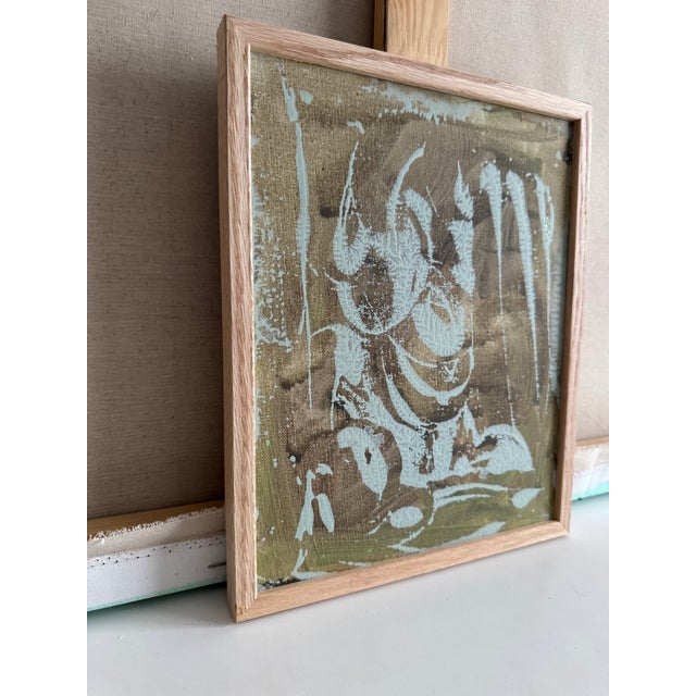 2020s Original Abstract Acrylic Painting Framed, Small Earth Tone Wall Art, Neutral Modern Canvas Decor, Brown & Mint Green Minimalist Art For Sale - Image 5 of 5