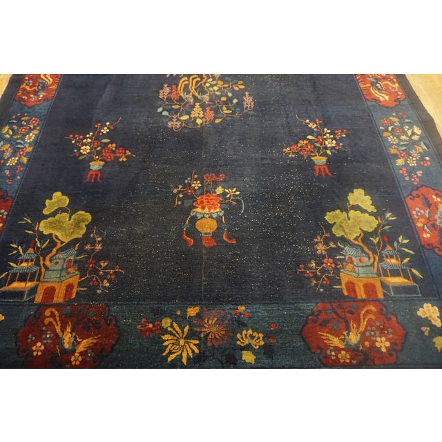 Textile 1920s Navy Blue Vase Floral Antique Chinese Art Deco Carpet 9' X 11'6" Handknotted Wool Rug For Sale - Image 7 of 11