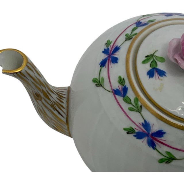 Herend Vintage Herend Blue Garland PBG Model 1605 Small Porcelain Teapot Rose Finial Spout Chip Hungary C. 1980s For Sale - Image 4 of 9