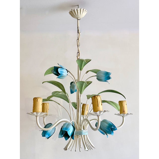 French Blue Tole Tulip 5-Light Chandelier, 1960s For Sale - Image 16 of 18