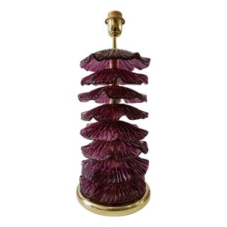 Mid-Century Murano Round Violet Art Glass and Brass Table Lamp For Sale