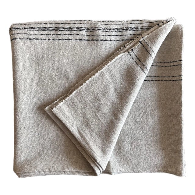 Belgian Linen and Wool Blanket Natural With Black Stripes - XL For Sale