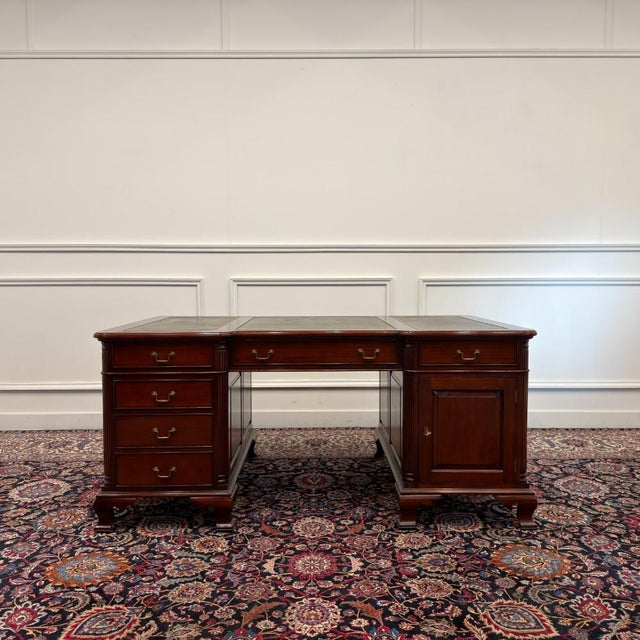 English Partner Desk with Green Leather For Sale - Image 3 of 18