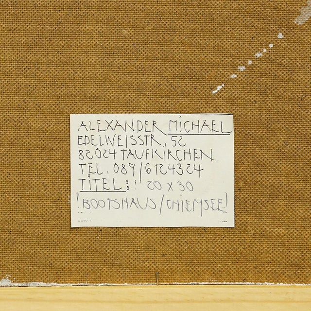 Wood Oil Painting by Alexander Michael - Boathouse, Lake Chiemsee, 1994 For Sale - Image 7 of 7