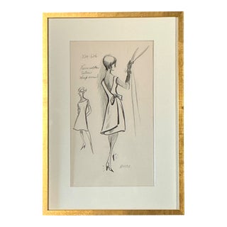 Vintage Nina Ricci Fashion Sketch in Gold Frame For Sale