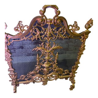 Antique French Louis XVI Heavy Ormolu Spark Guard, Featuring an Ornate Gilt Frame With Classical Motifs and Blackened Mesh. . For Sale