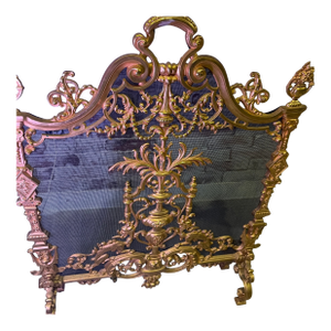 Antique French Louis XVI Heavy Ormolu Spark Guard, Featuring an Ornate Gilt Frame With Classical Motifs and Blackened Mesh. .