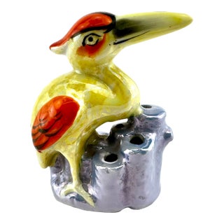 Vintage Hand Painted Japanese Pelican Flower Frog For Sale